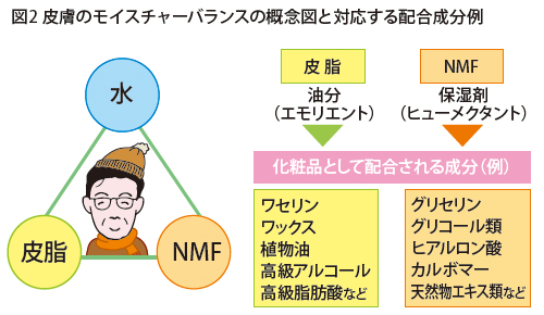 図2：皮膚のモイスチャーバランスの概念図と対応する配合成分例